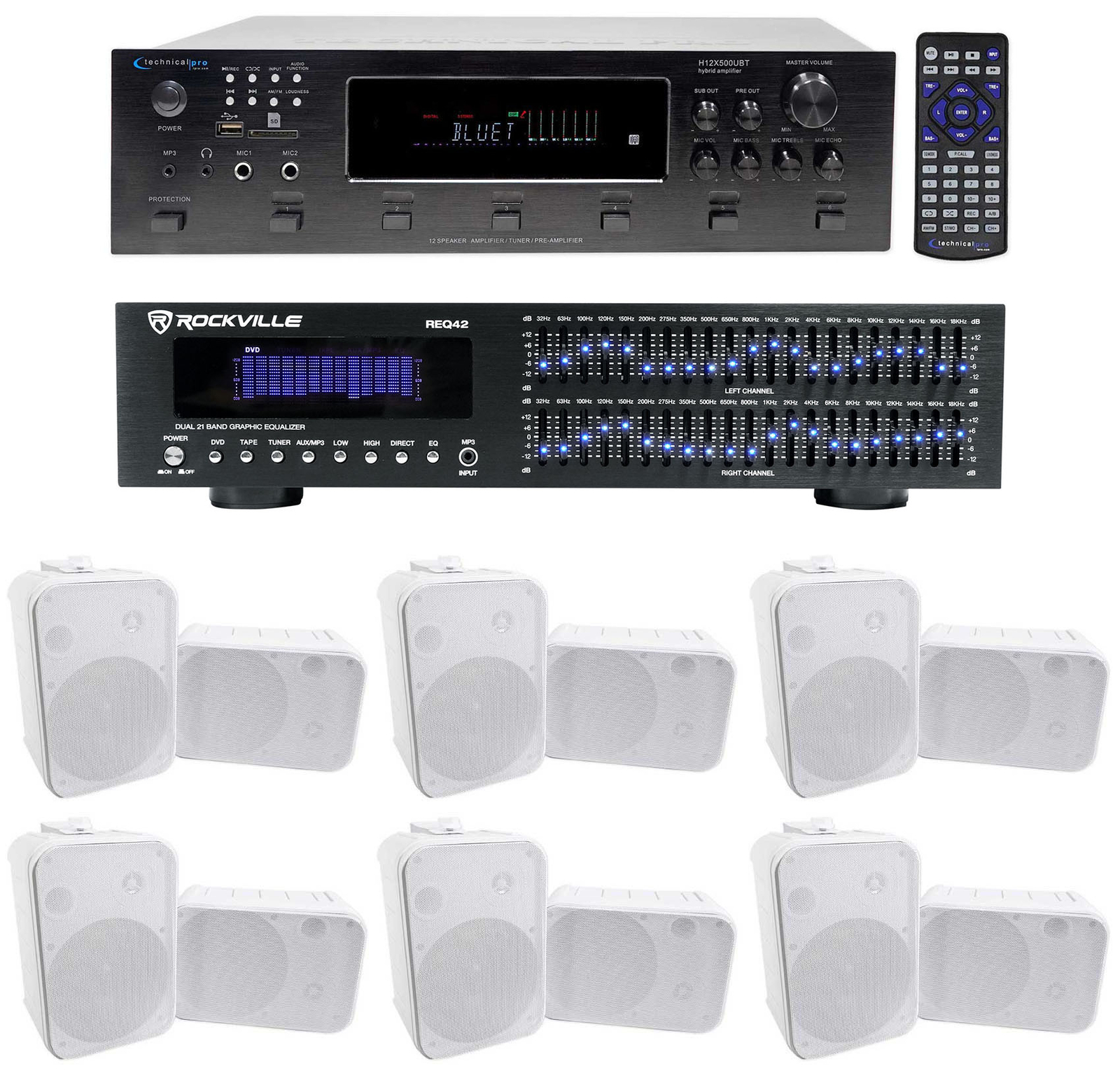 Technical Pro 6000w 6-Zone Home Theater Bluetooth Receiver+12) 6.5" Speakers+EQ