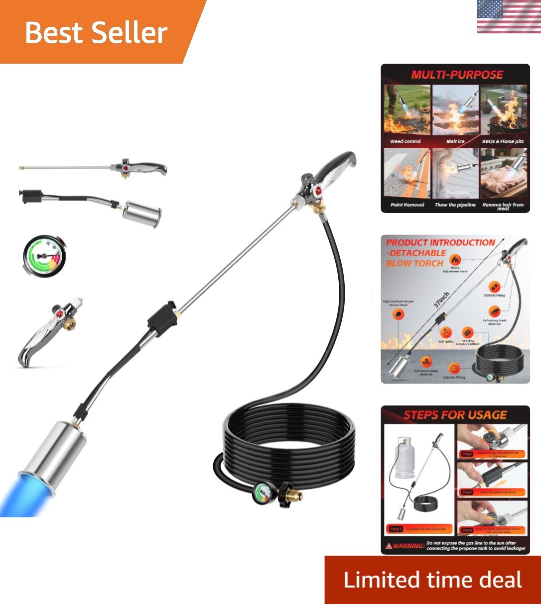 Heavy-Duty Propane Torch Weed Burner with 10FT Hose for Outdoor Flame Control
