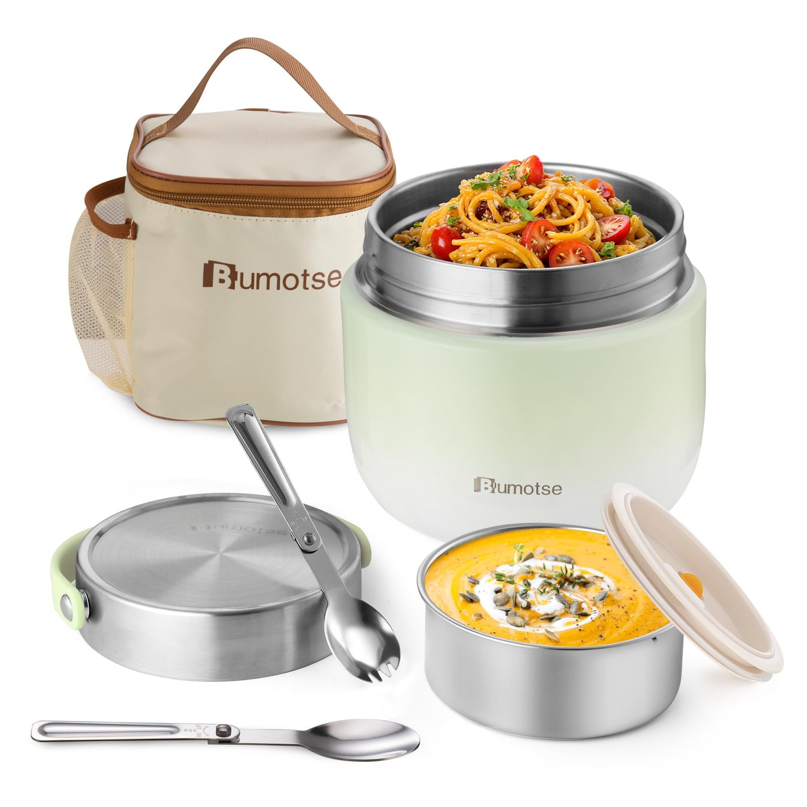 Bumotse 40oz Insulated Food Jar with 2 Compartments, Leak-Proof Thermo for Hot F