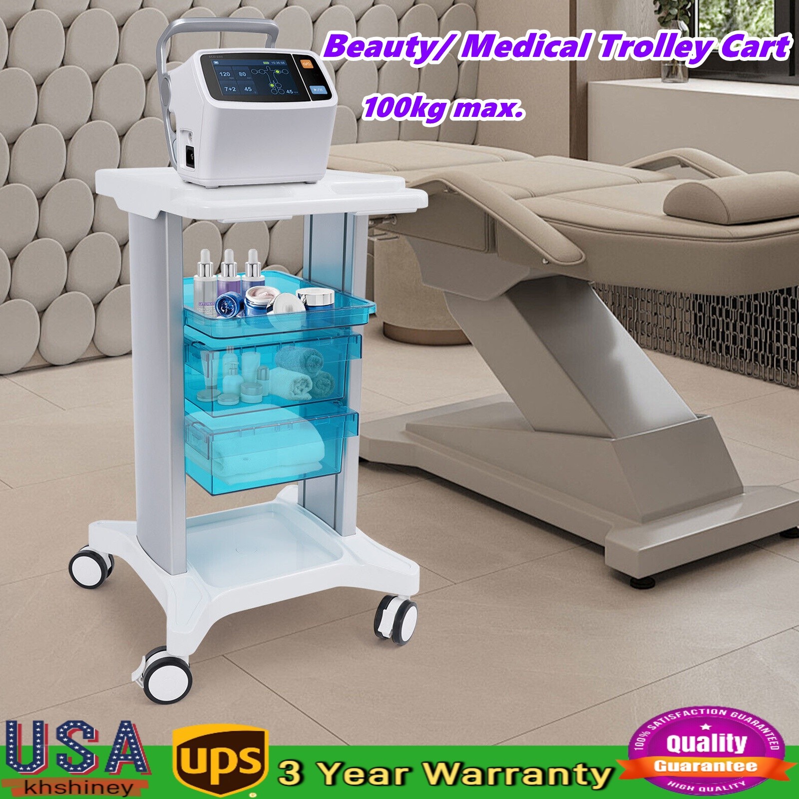 Medical Beauty Trolley Carts Mobile Cart Instrument With 3 Trays 360° wheels