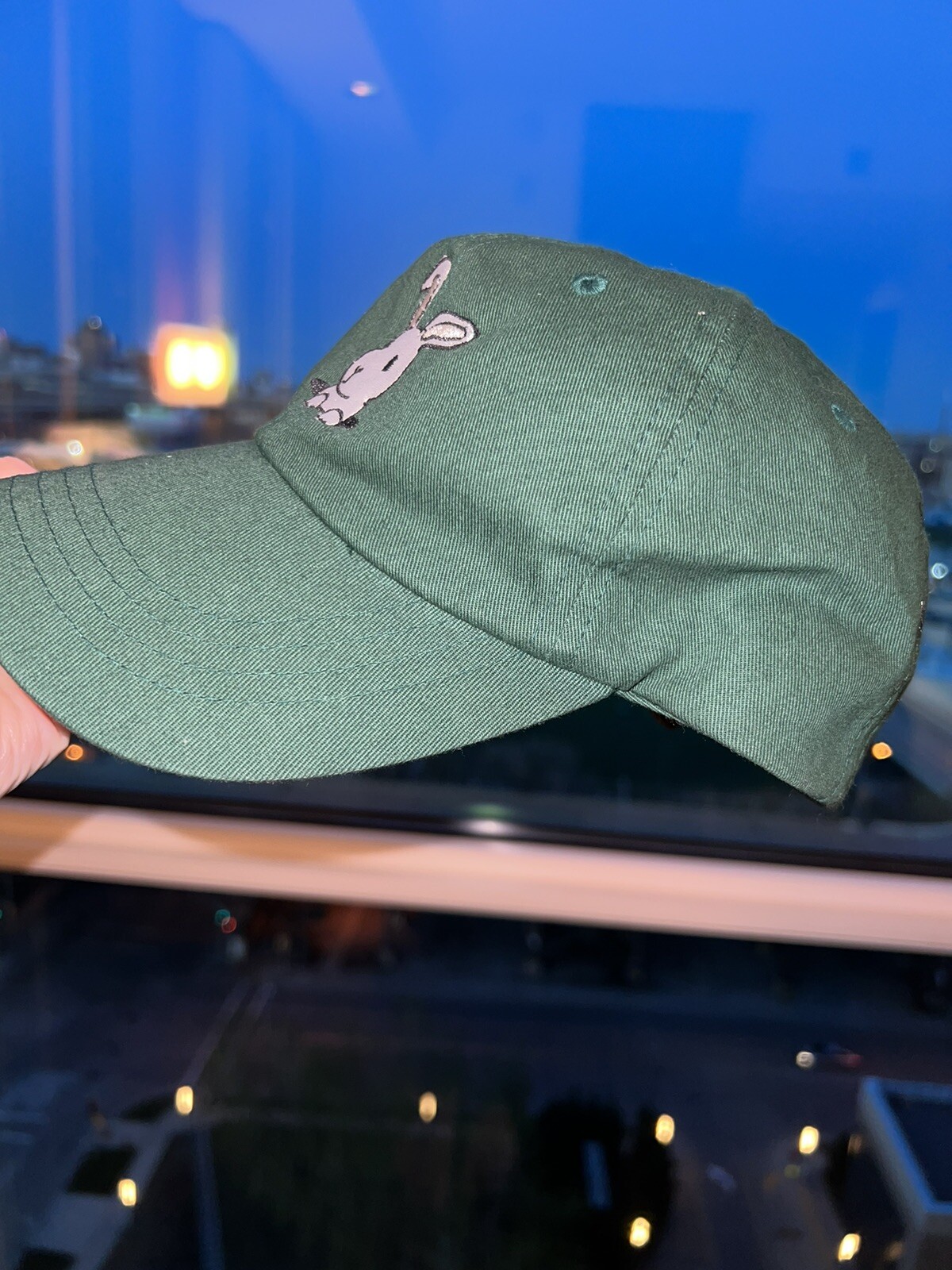 Green w White Rabbit Bunny embroidered hat Strap Buckle Cotton EUC
