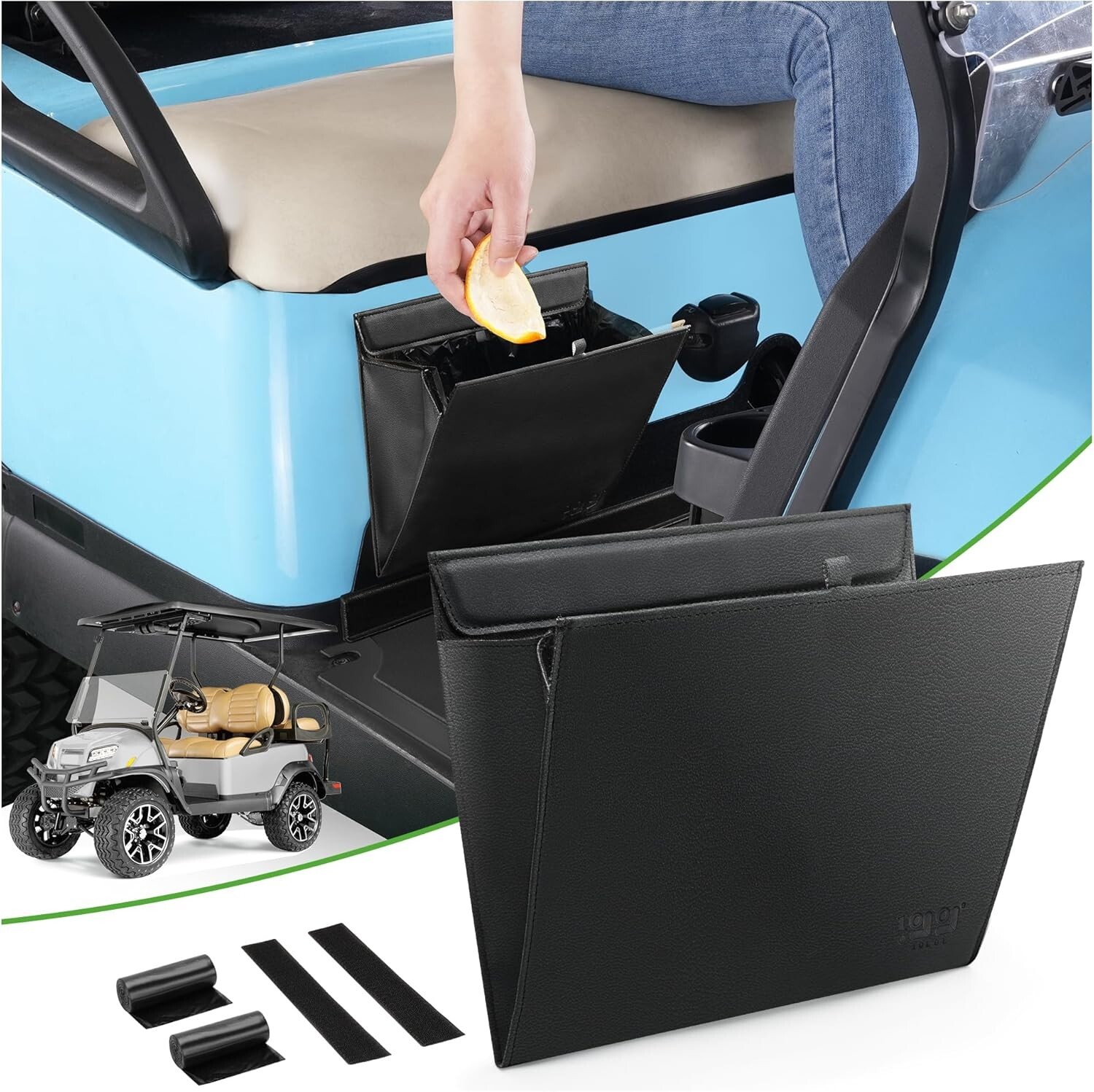 Golf Cart Side Pocket Trash Bag Universal Fit Waterproof PU Leather Black NEW