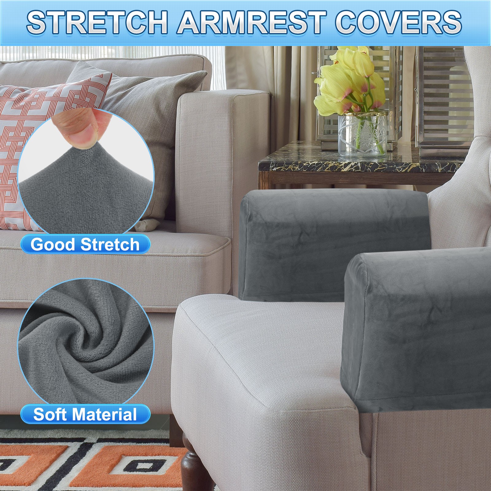 2Pcs Stretch Armrest Covers, Polyester Armchair Slipcovers, Deep Grey