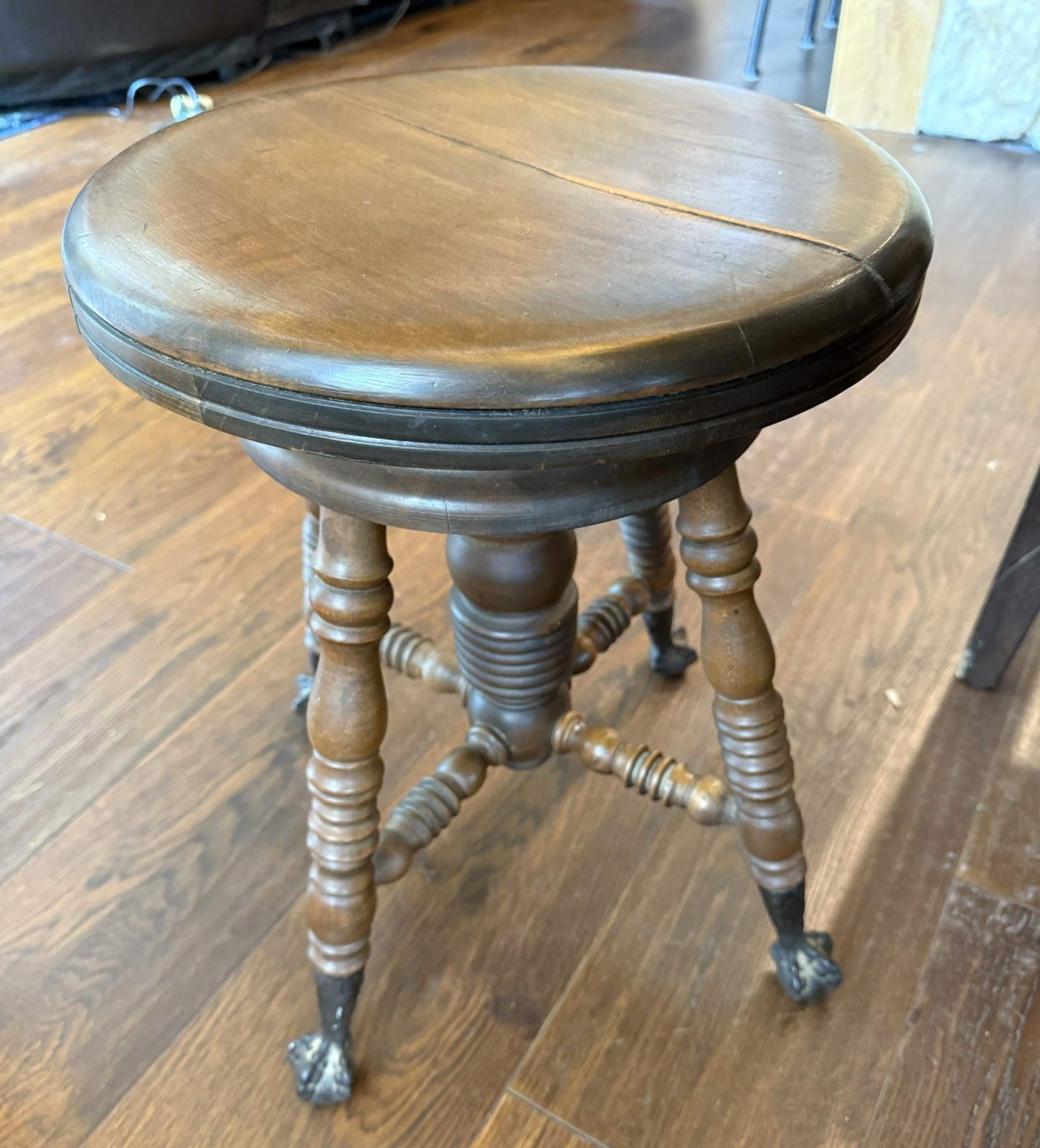 Antique Victorian Adjustable Piano Stool Walnut Cast Iron Claw Feet