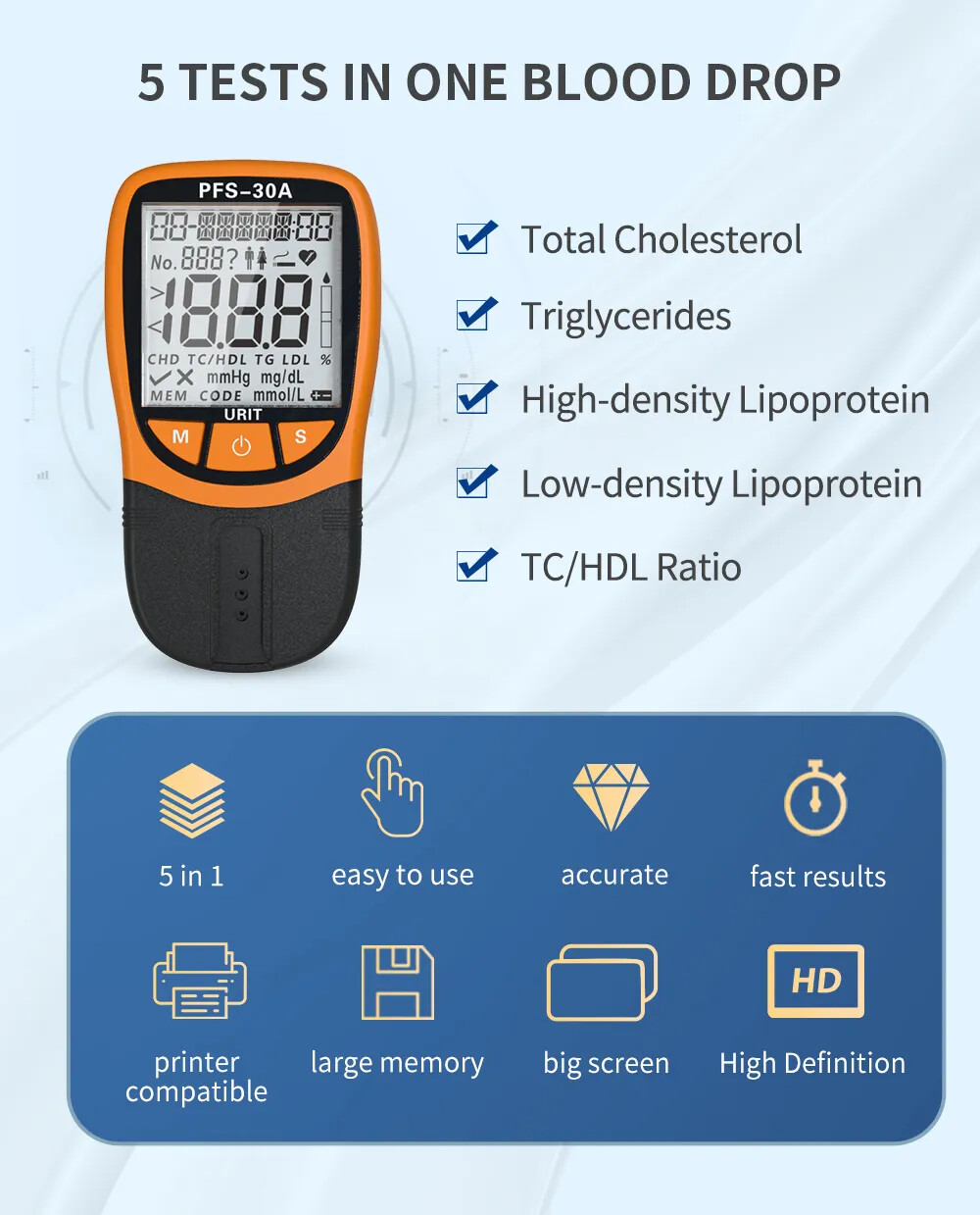 5 in1 Lipid Profile Test Total Cholesterol Meter Triglyceride High Density XBB