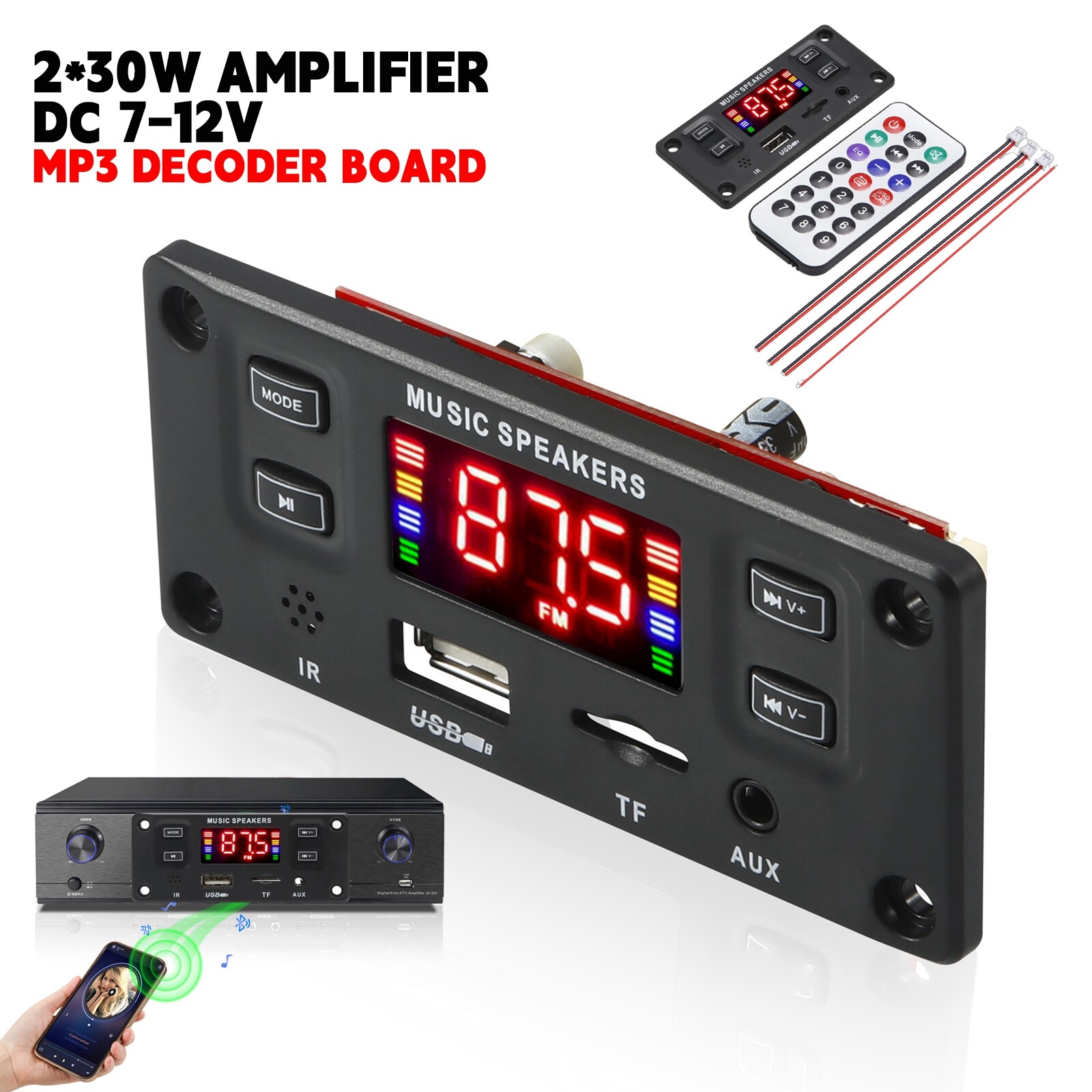 60W 2*30W Amplifier DC 12V MP3 Decoder Board Module Kit Bluetooth MP3 USB AUX FM