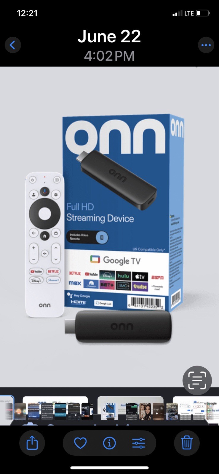 onn. Full HD 1080p Streaming Device Google TV Voice Remote HDMI 8GB Black