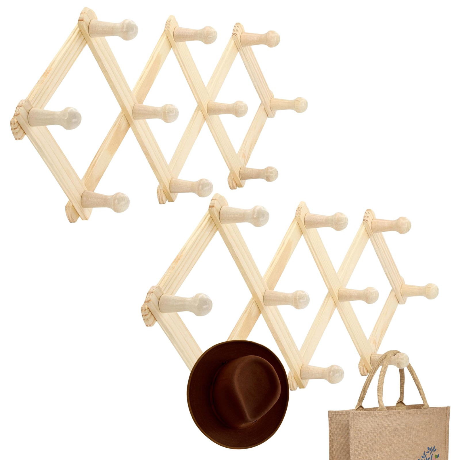 2 Pack Accordion Wood Expandable Wall Rack 10 Pegs Hat Cap Coat Mug Hanger