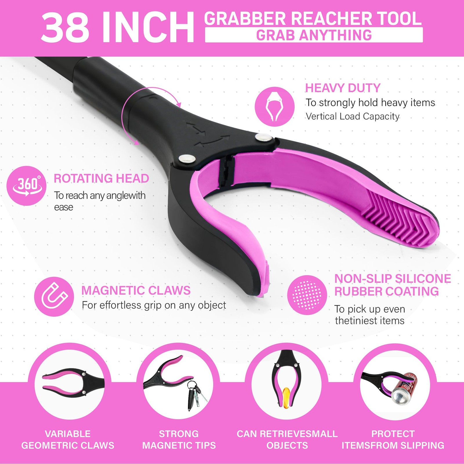 38" Extra Long Grabber Reacher Tool – 2 Pack Foldable Orange Pink