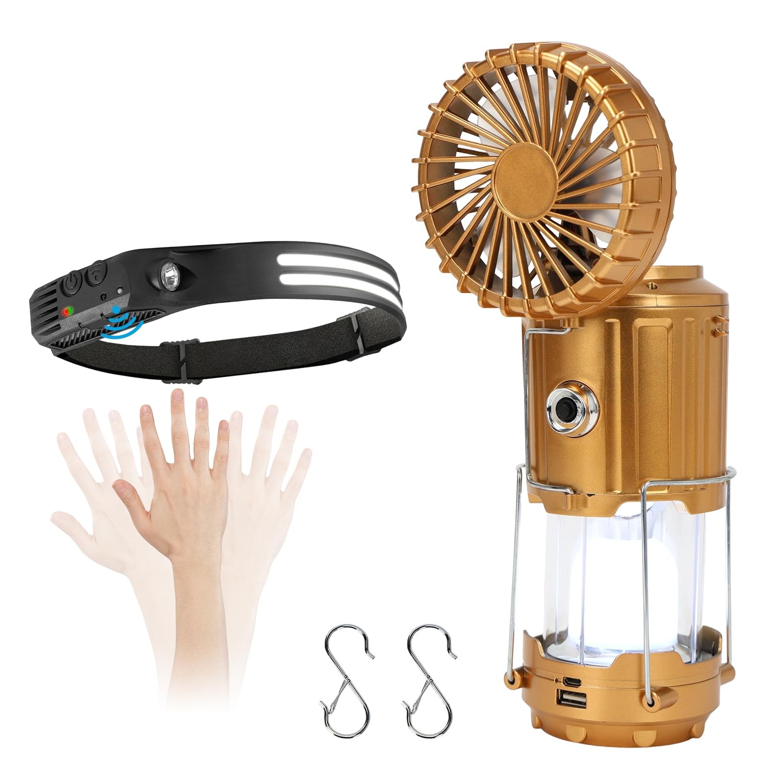 Camping Light Set, Headlamp with Motion Sensor & Solar Camping Fan Lantern, 2...