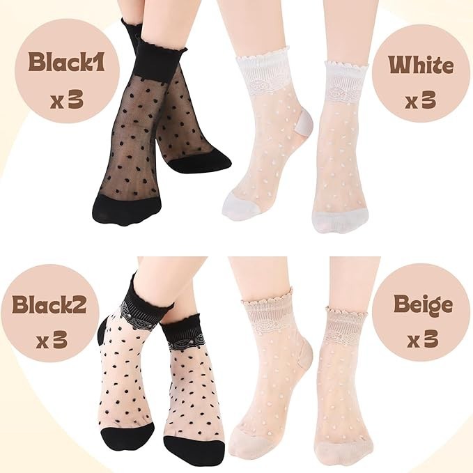 Zuimei Sheer Socks,Black Striped Plaid Dot Thin Transparent Sock,Summer Ankle So