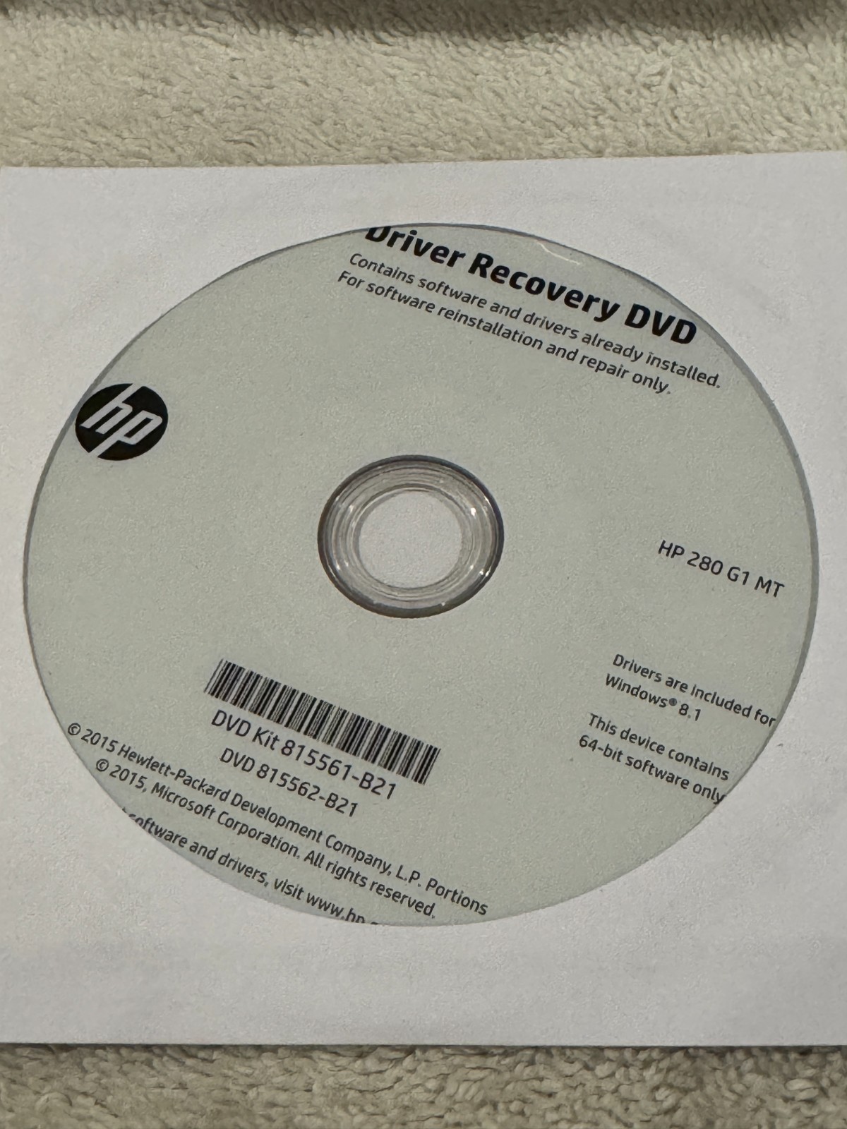 HP Driver Recovery DVD HP280G1 MT Win 8.1 - DVD ONLY IN GOOD CONDITION!!