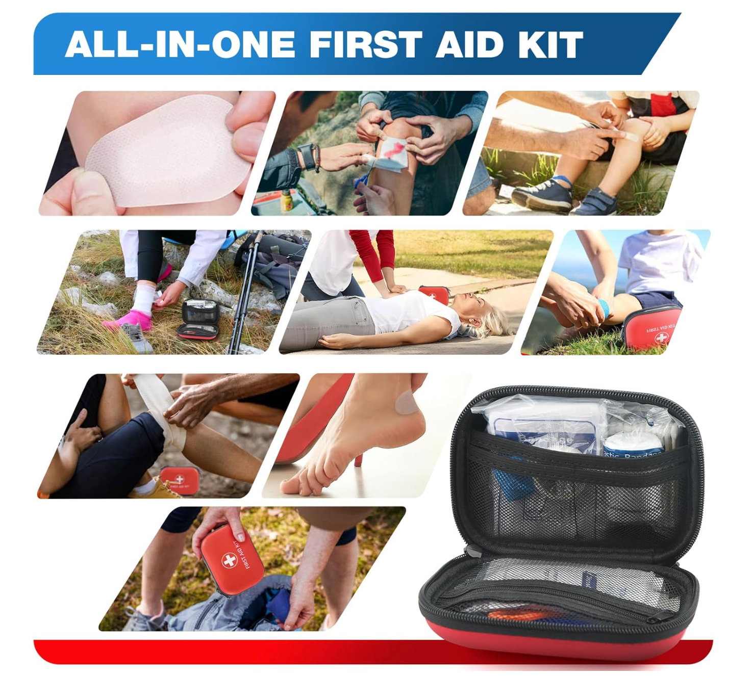 All-in-One Compact First Aid Kit with Waterproof Hard Shell Case - 100 PCS