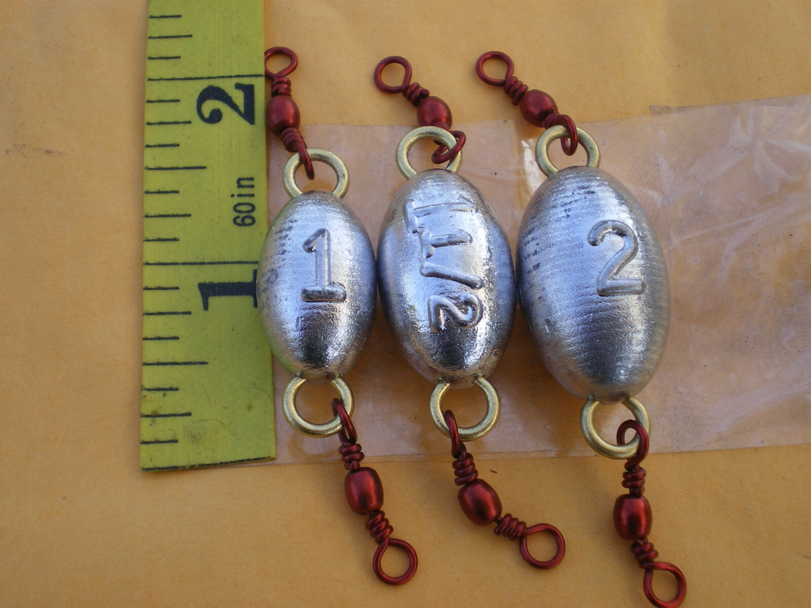 30 PCS #5 RED SWIVEL INLINE EGG SINKER W/#2 EYE 1,1-1/2,2, OZ. 10 EA."STRIPER"