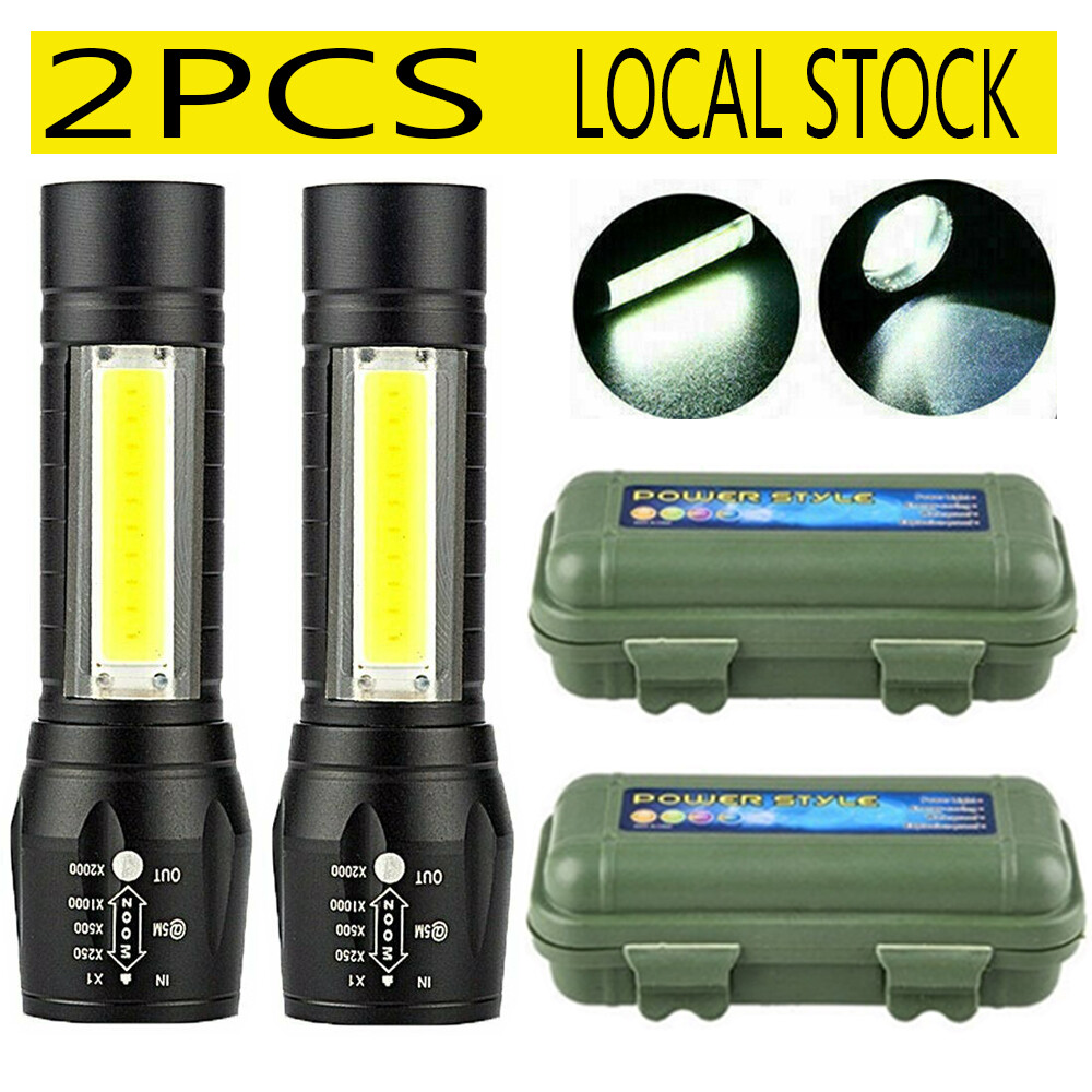 2x LED Torch USB Rechargeable Flashlight Police Zoomable Camping Hiking Lamp+Box