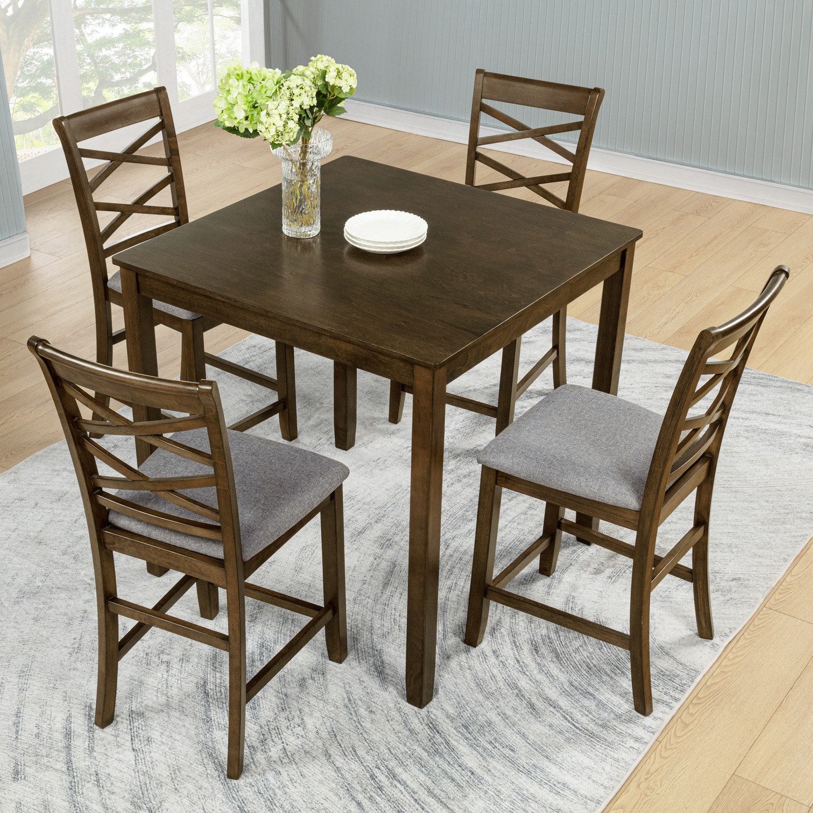 5-Piece Counter Height Square Wooden Dining Table Set w/ 4 Upholstered Chairs