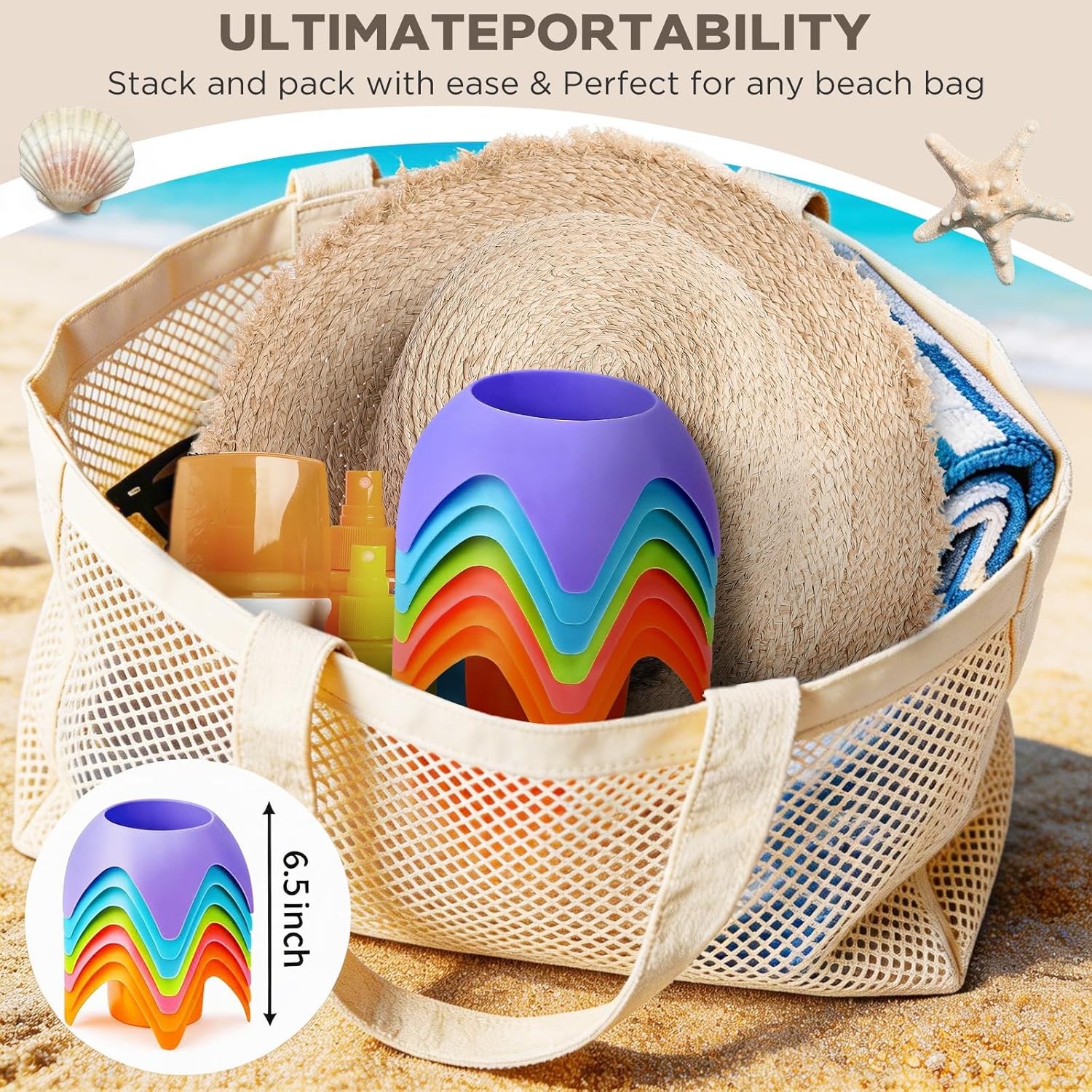 Beach Cup Holders for Sand (7 Pack) | Beach Vacation Essentials Drink Holders,