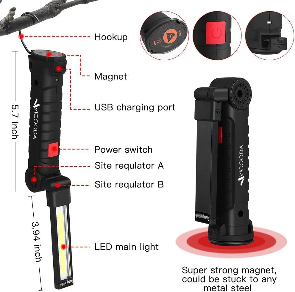 LED Rechargeable Work Light with Magnetic Base Hanging Hook, 360° Rotate 5 Modes