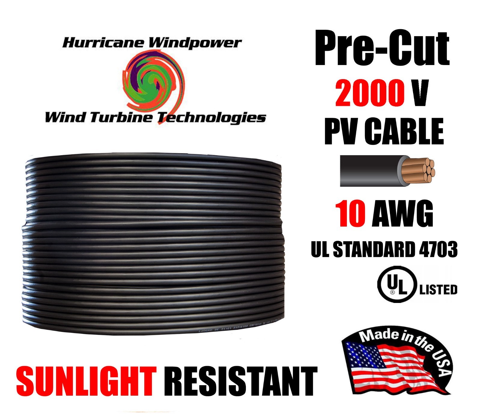10 AWG Gauge PV Wire 1000/2000 Volt Pre-Cut 15-500 Ft for Solar Installation