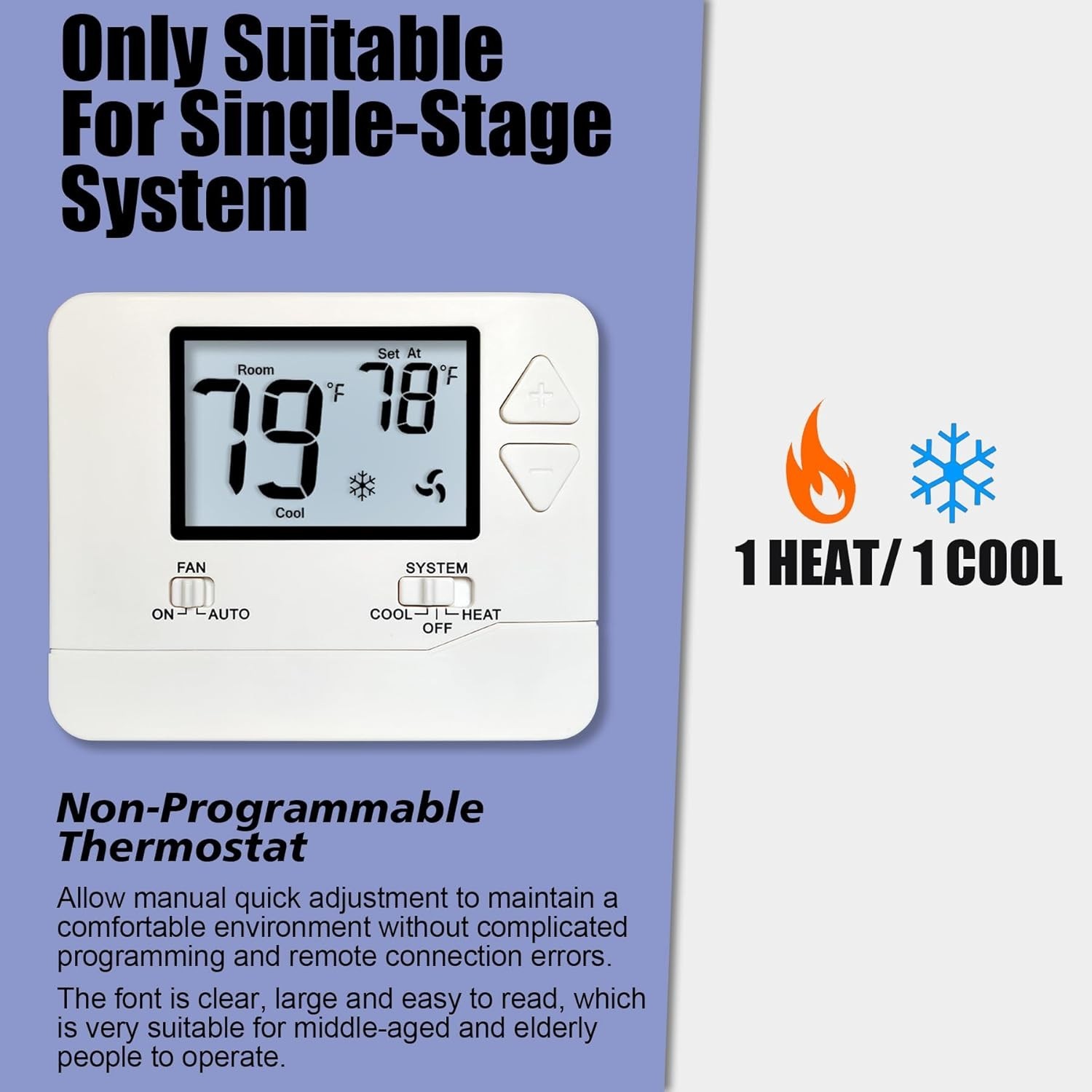 Versatile Non-Programmable Thermostat for Single-Stage Systems - White Display
