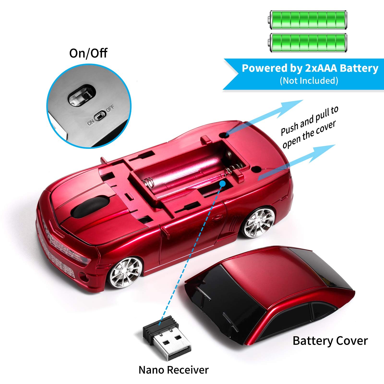 Red Sports Car Shaped Wireless Mouse LED Headlights 1600 DPI Mac Computer