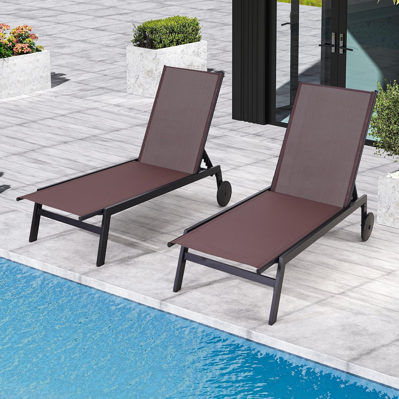 Patio Chaise Lounge Chair Set of 2 Wheels Adjustable Backrest Waterproof