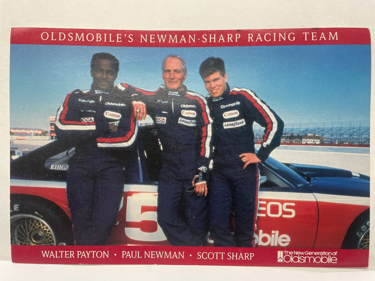 Paul Newman Walter Payton Scott Sharp Oldsmobile Racing Team Postcard 1980s