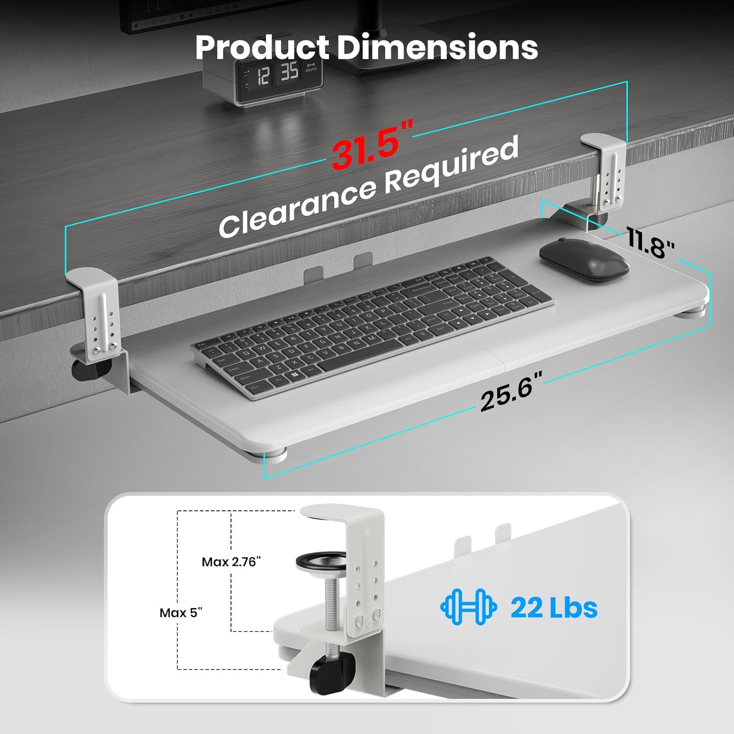 Keyboard Tray under Desk, Pull Out Keyboard & Mouse Tray with Adjustable C-Clamp