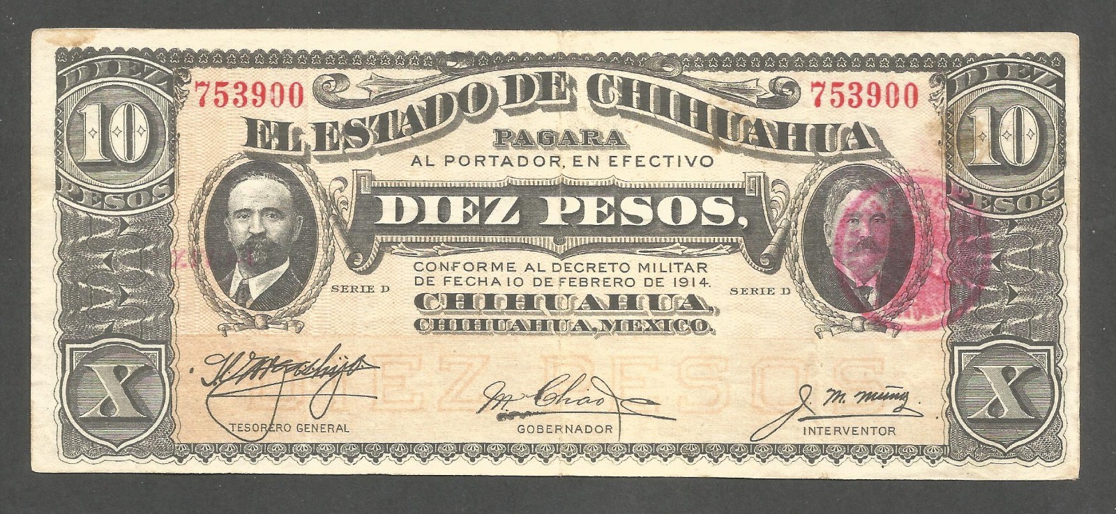 Mexico - Chihuahua 10 Pesos; 10.2.1914; VF; P-S533c; F-M924e; Circular seal