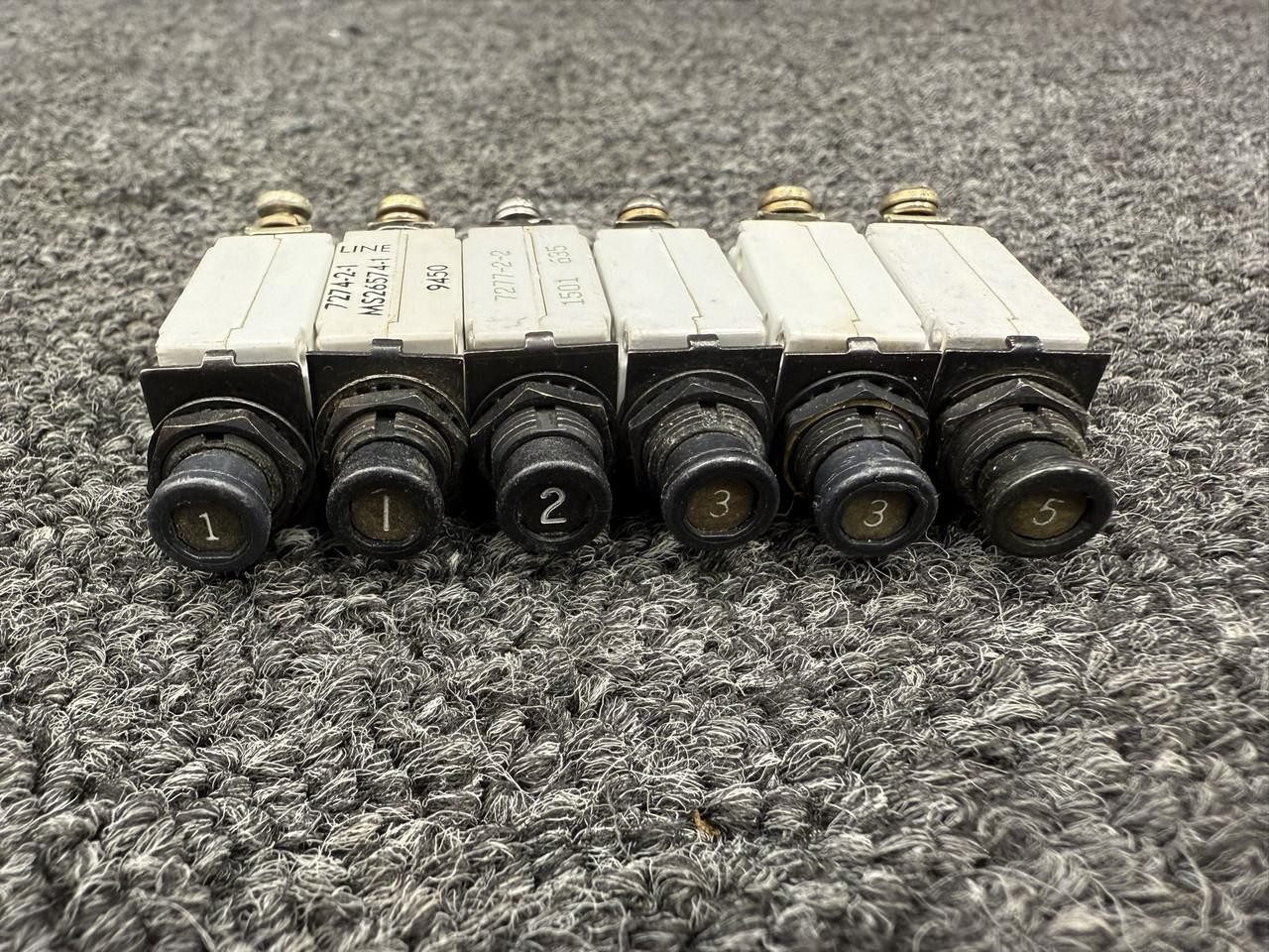 7274-2-1, 7274-2-5 Klixon Push Circuit Breaker Set of 6 (Amps: 1, 2, 3, 5)