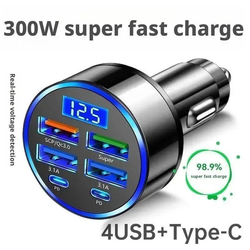 250W PD Car Cigarette Charger QC3.0 Fast Lighter Plug5 Digital Display Voltmeter