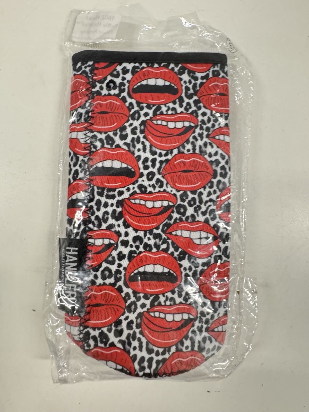 LitHandlers 16oz Water Bottle Handler™ Neoprene Sleeve Red Lips Leopard Print