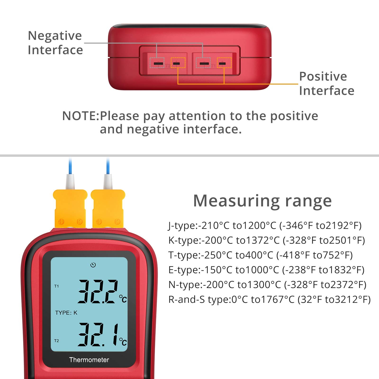 Digital Thermometer with Dual K Type Probes, High Temp Meter, LCD Display