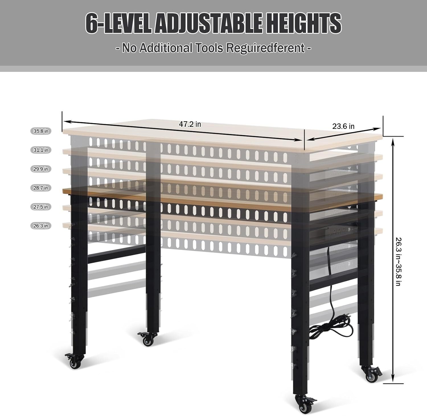 Workbench Power Outlet 2000LBS Load Capacity 48 "Adjustable Workbench & Wheels