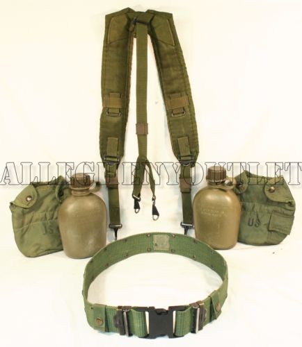 USGI Med BLACK Buckle Pistol Belt Suspenders 2 Plastic Canteens Pouches Set VGC