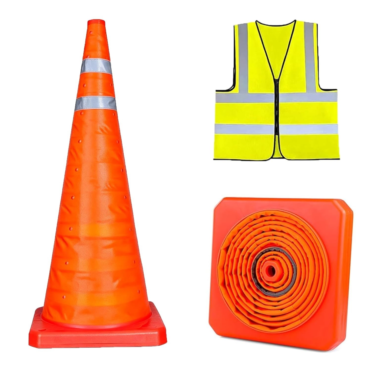 18" Collapsible Orange Traffic Cone Reflective Collar With Safety Vest