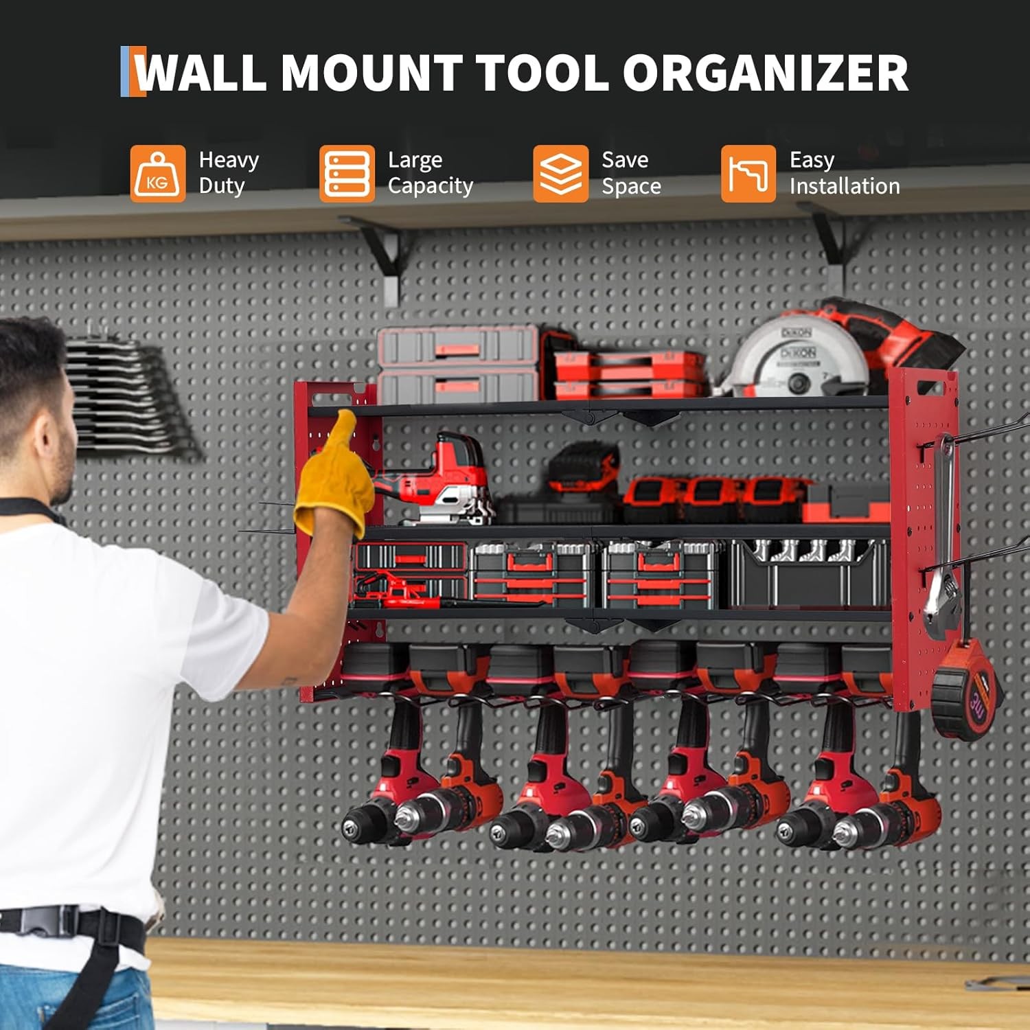 Power Tool Organizer Wall Mounted 4-Layer Drill Storage Rack w/ 8 Drill Holders