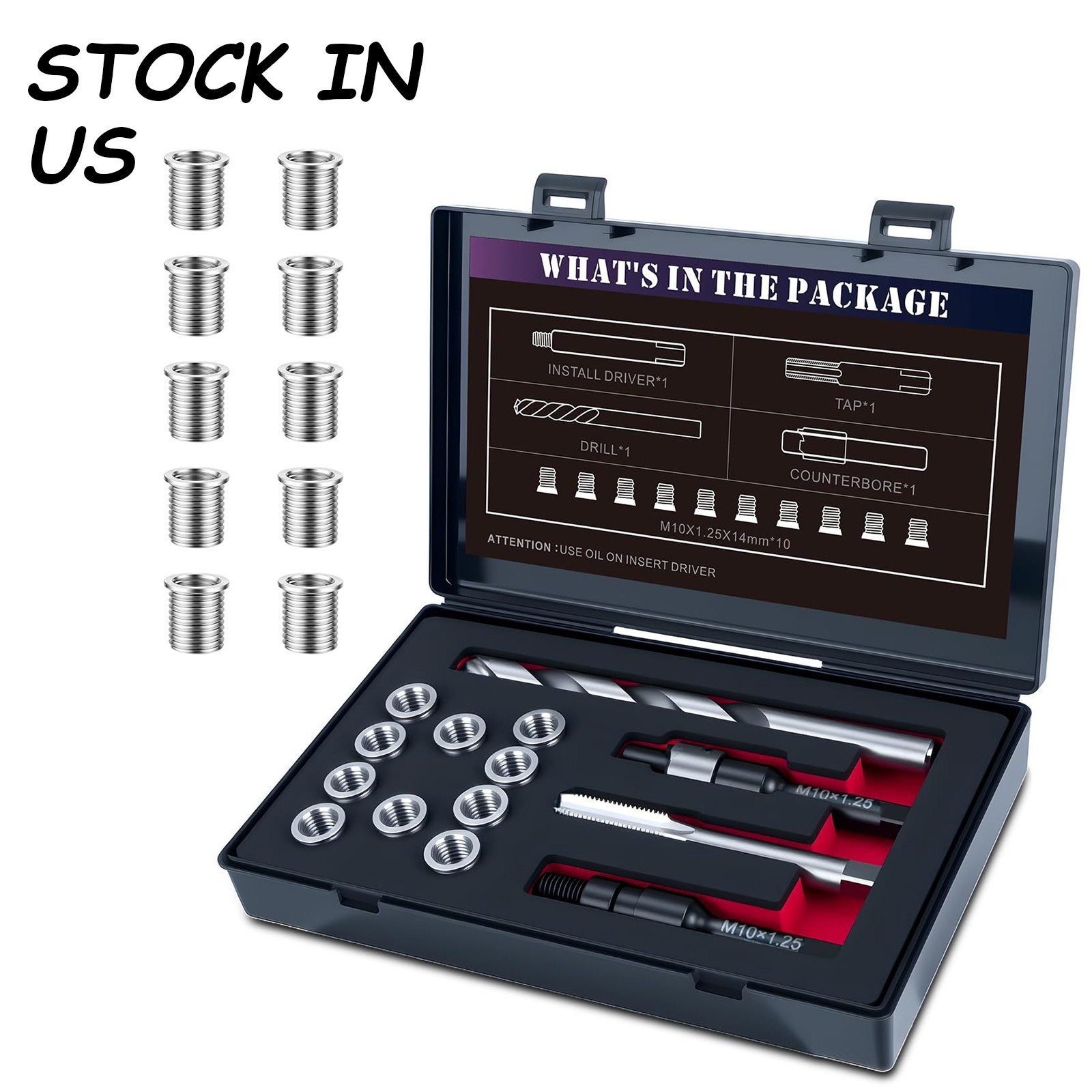 M10*1.25 * 14mm *10 PCS Thread Repair Kit with 9.4mm Insert HSS Drill, Tap,