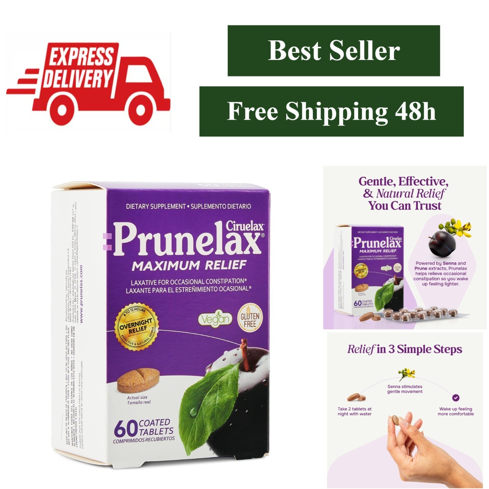 Prunelax Maximum Relief Laxative Tablets - Natural Senna - 60ct