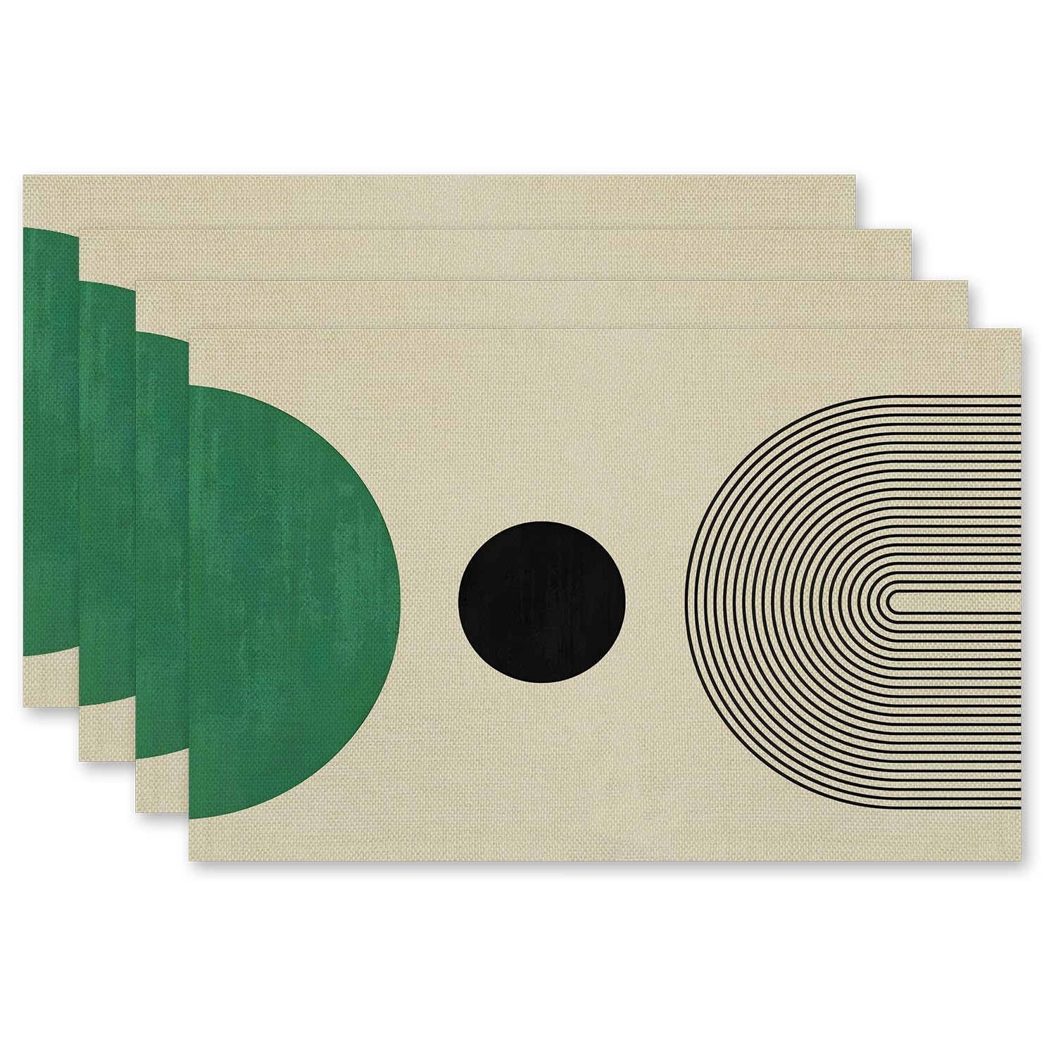 Boho Placemats Set of 4, Modern Minimalist Green and Black Circles Placemats,...