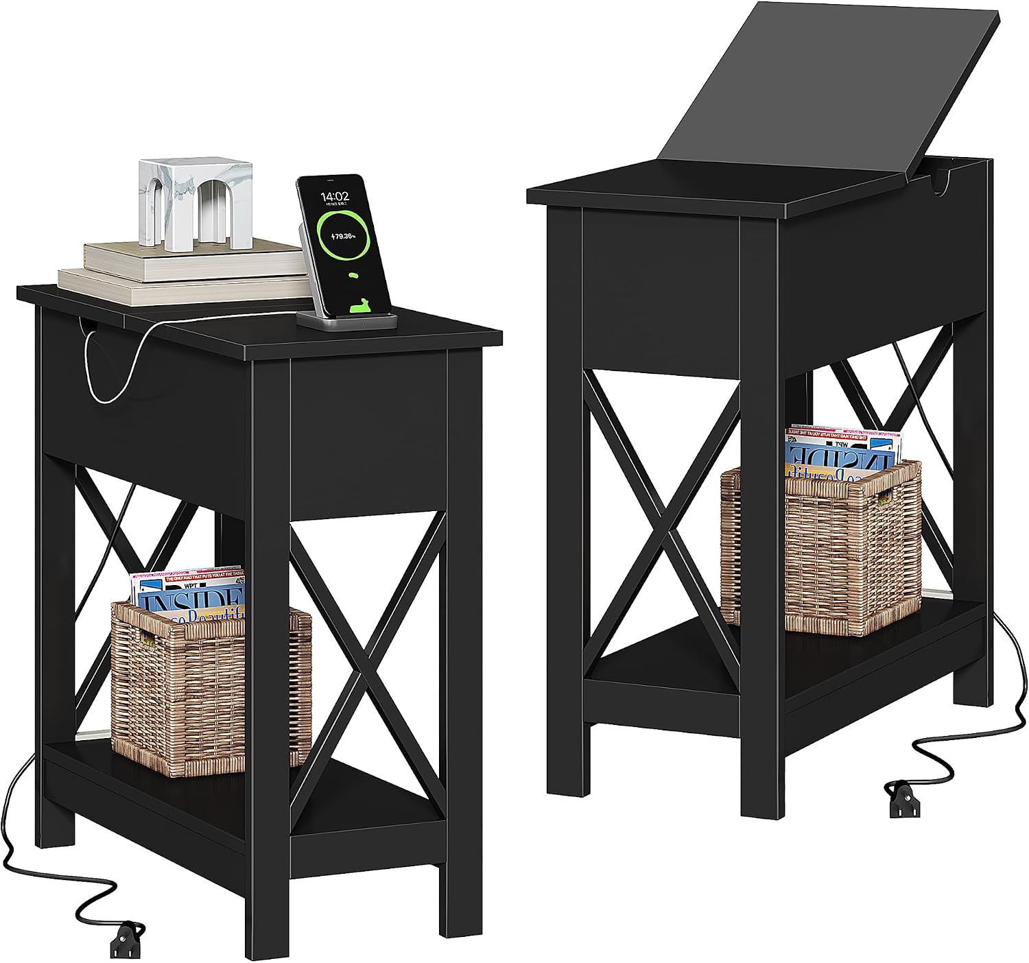 End Tables Living Room Set of 2, Side Table with Charging Station | Narrow Flip