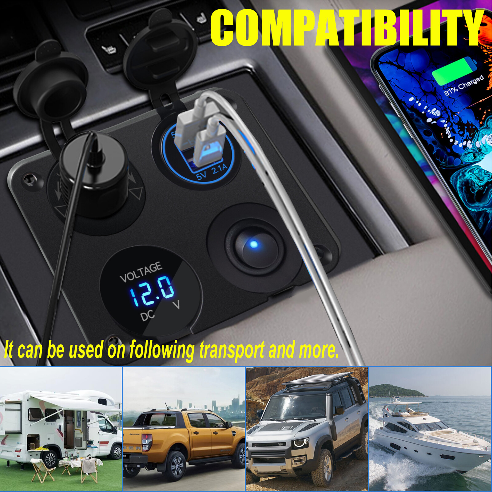 12V 4 In 1 Panel Dual USB Charger LED Voltmeter Cigarette Lighter Socket Outlet