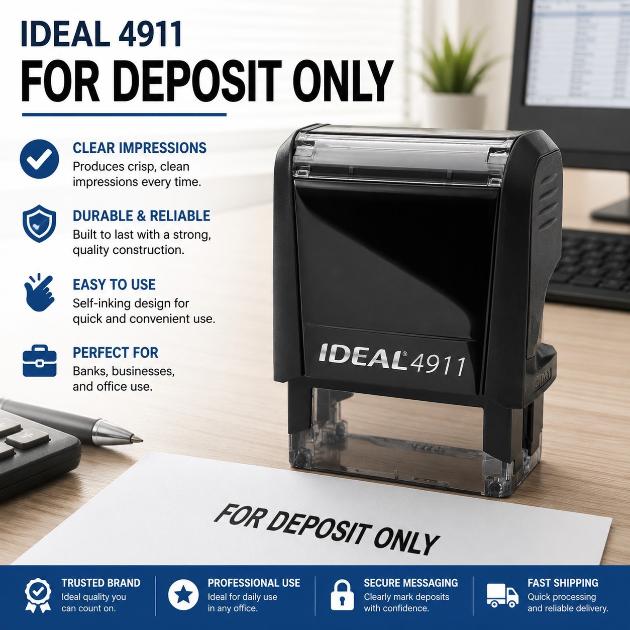 FOR DEPOSIT ONLY text on an IDEAL 4911 Self-inking Rubber Stamp with BLACK INK