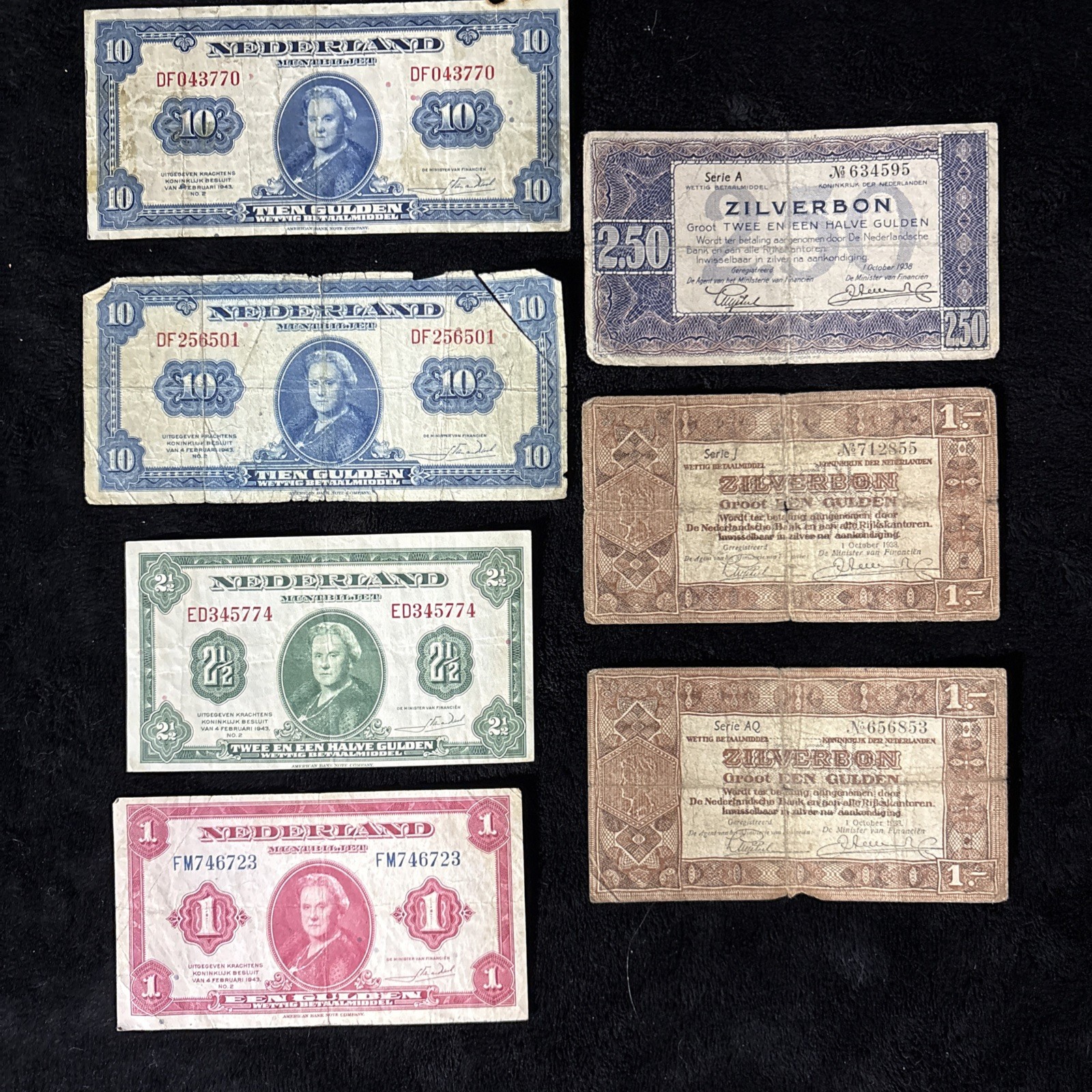 WWII Netherlands Gulden Banknote Lot – 8 Notes incl. Zilverbon 1940s