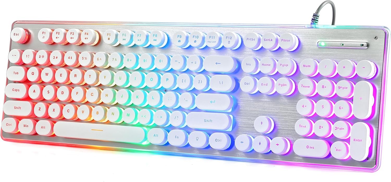 Typewriter Style Keyboard with Metal Panel, Rainbow LED Backlit, Round White