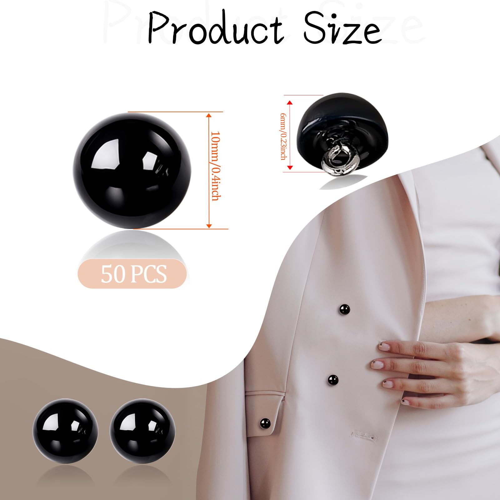 50Pcs 10mm Black Buttons - Round Pearl, Half Ball one size,