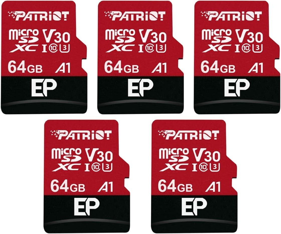 Patriot EP 64GB V30 A1 U3 4K UHD Recording MicroSD For Dashcam/Surveillance 5PK