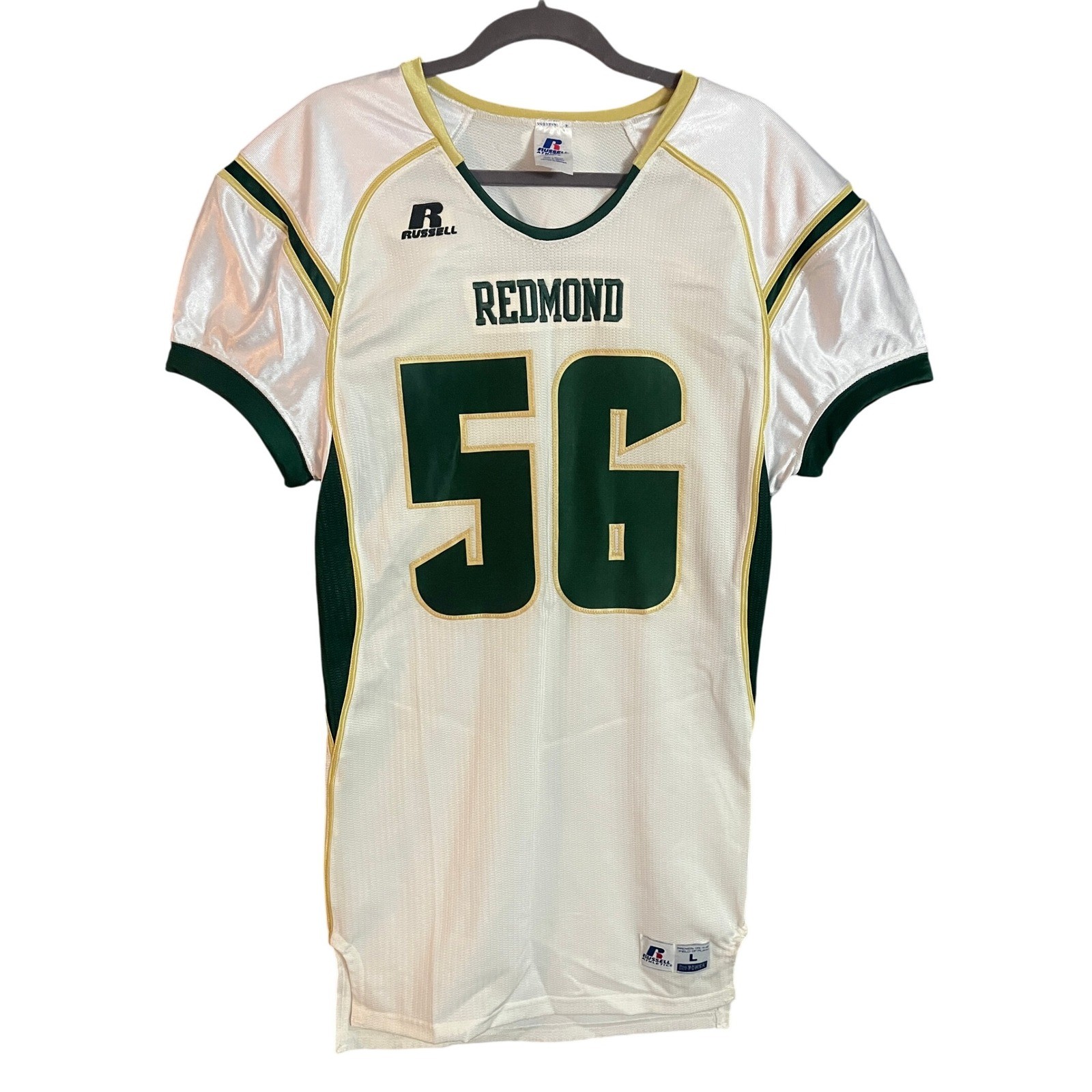 Russell Athletic Redmond Mens Football Jersey White Green Gold Number 56 Size L