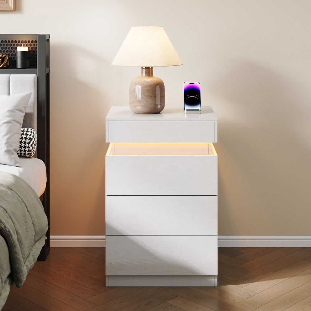 Nightstand with Built-In Charging Station and LED Lighting, 3-Drawer Sliding-Top