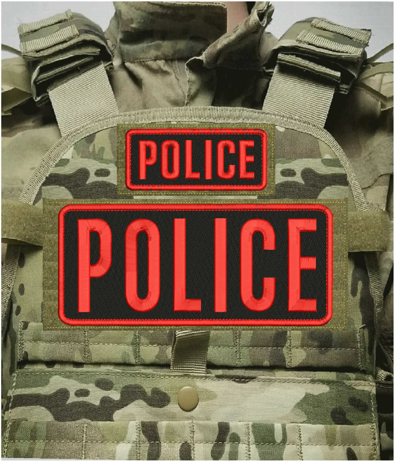 POLICE 2 Embroidery Patches 4X10 AND 2X5  HOOK ON BACK RED ON BLACK